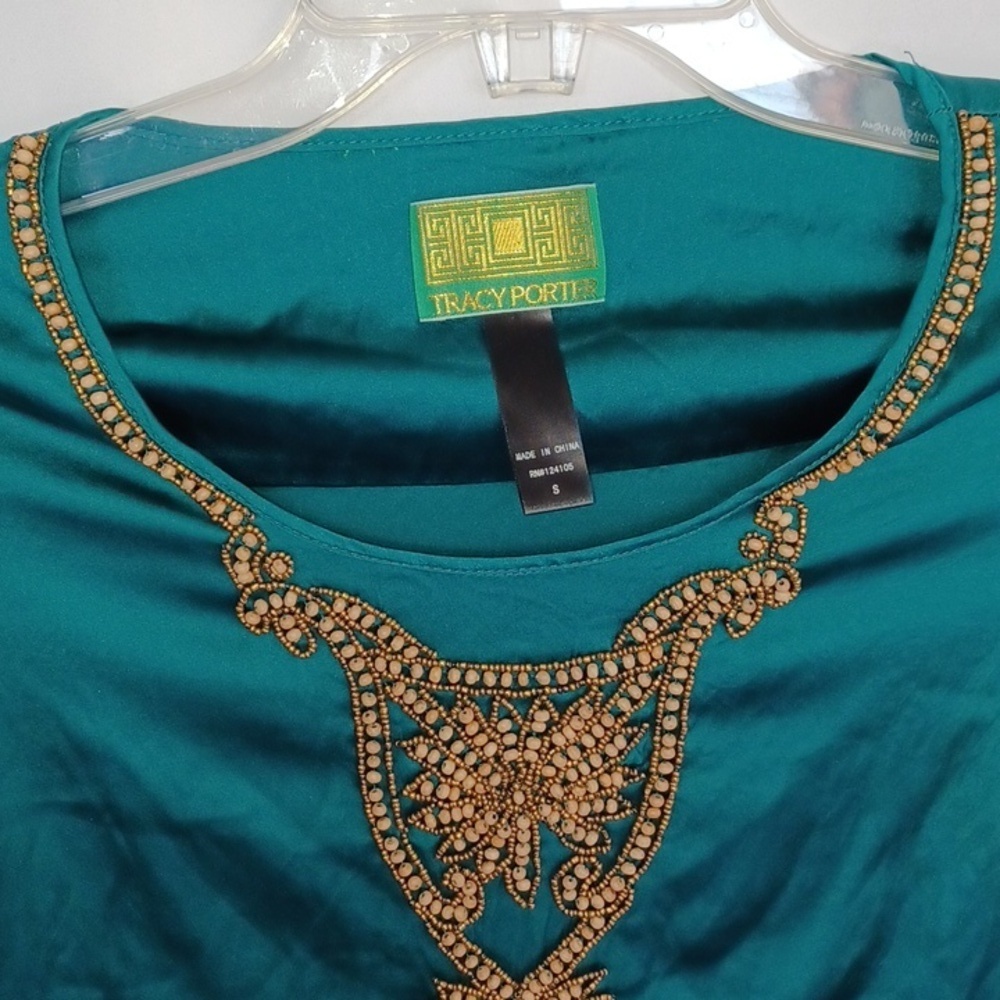 Tracy Porter Emerald Green Silk Beaded Blouse Sz S, Side Zip, 16" Ptp, 23" L - Picture 2 of 6